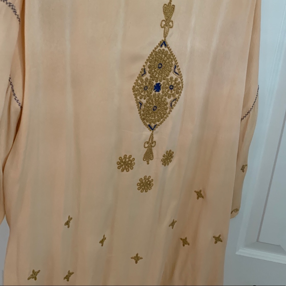 Free People kimono robe with gold/blue embroidery